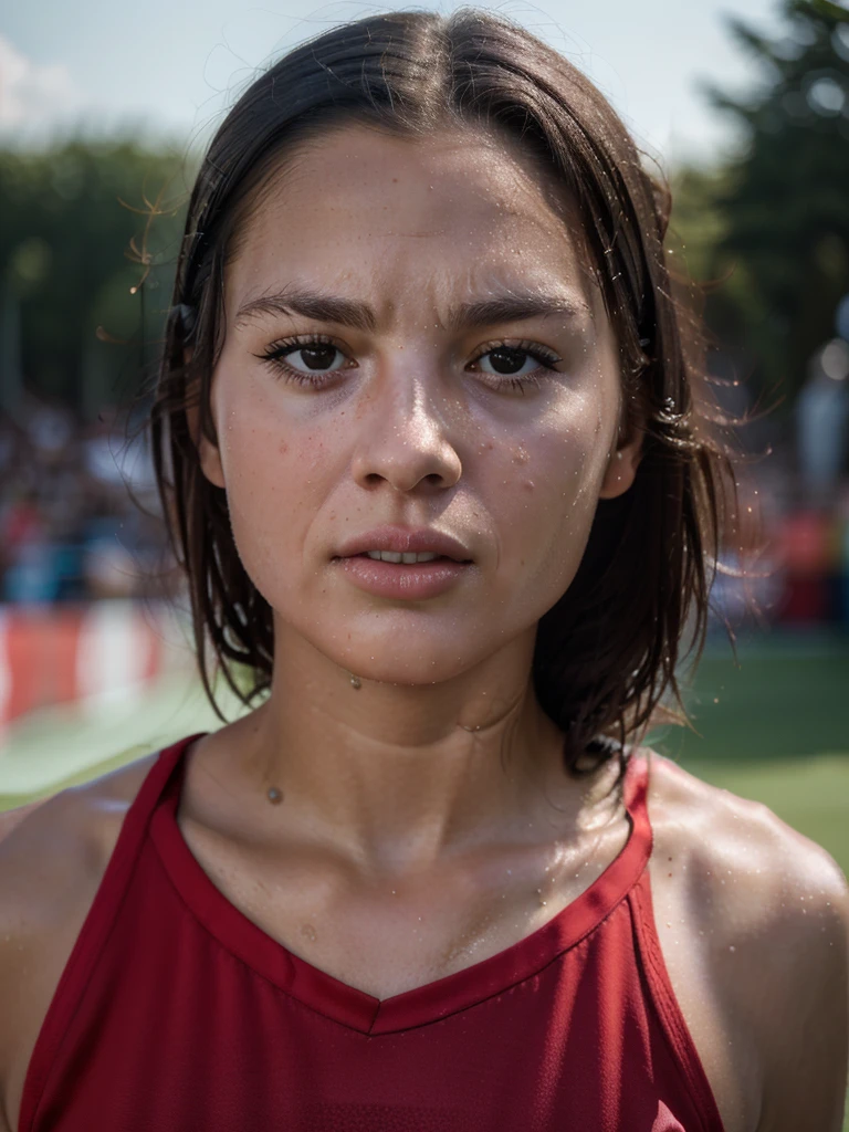 (8K, Raw photo, Best Quality, masutepiece:1.2), (Realistic, Photorealsitic:1.37),1 girl,Beautiful,Powerful, (Solo),A detailed face, Dramatic Angle,
Red football/soccer Uniforms ,Sports, Look away,Sporty,Wet skin,Sweat,Large breasts,nice legs,soccer Venues,