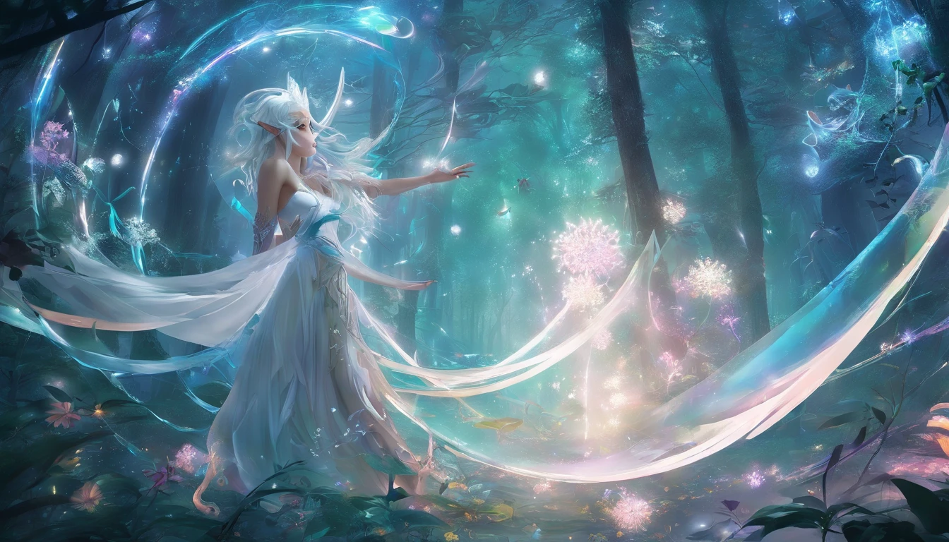 (((Wood elves floating above the forest, Tearing flowers in the forest ))) green hair, body, Radial glow, white fern flowers, Optical, Panoramic lighting, atmospheric perspective, dawn, Smoothing: 5D, Light painting, Color, beautiful countenance, clear facial features, symmetrical transparent wings, impressive detail. ((torso)), best quality, Artwork, a Japanese woman with ((White hair with luminescence)), ((detailed pearl blue eye)), highly detailed goddess soul, character focus, Alone, (Swirl Style Magical), Alone, front view, front view, looking at viewer, detailed face, ((Luminescent Lighting Magic Circle Theme)), perched on a ledge, tight neon body, light stripes, dark abyssal wanderer abstract, (( Simple Luminescence Neon Dress), inscribed with mystical runes, dystopian outdoor background,