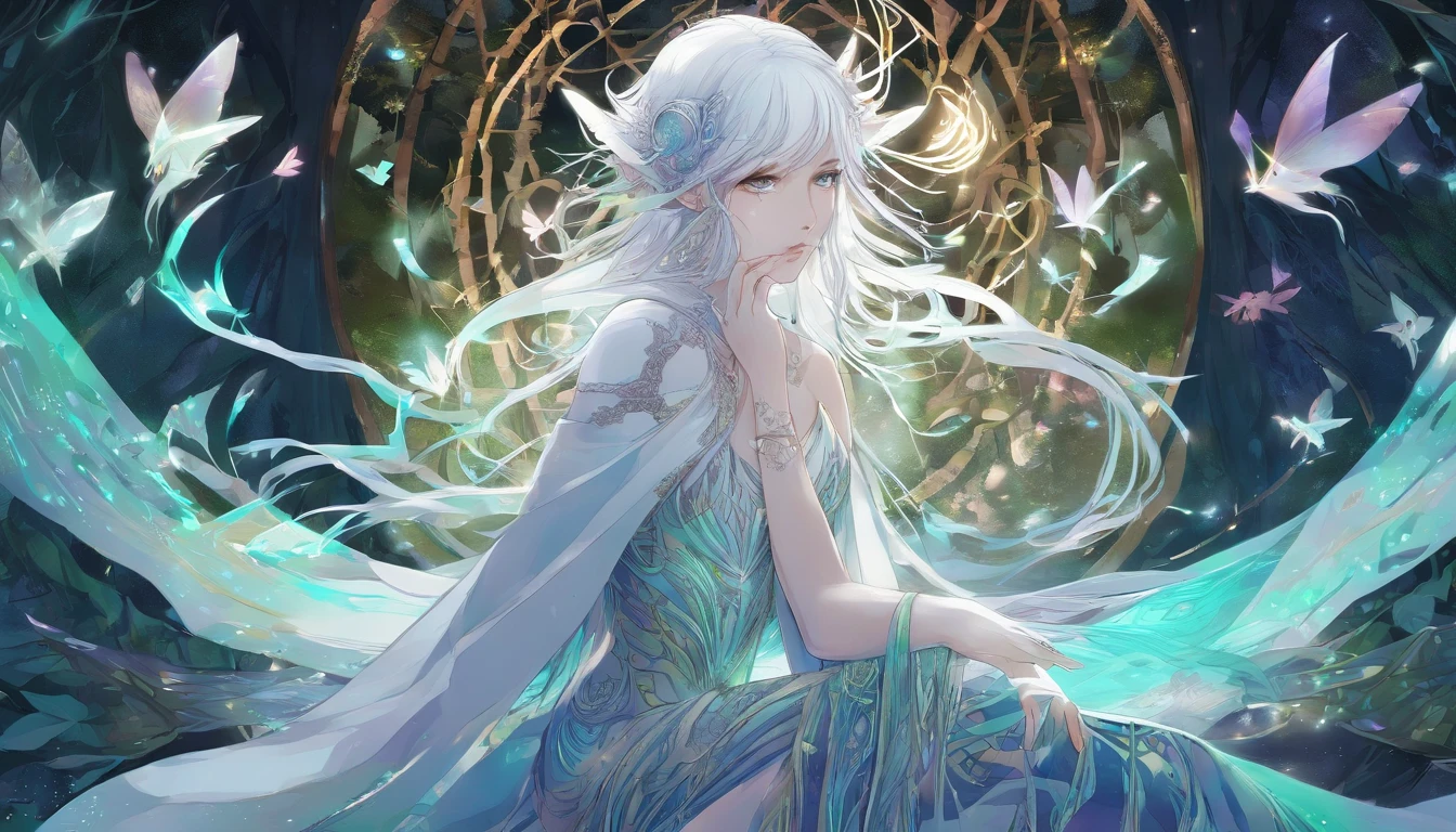 (((Wood elves floating above the forest, Tearing flowers in the forest ))) green hair, body, Radial glow, white fern flowers, Optical, Panoramic lighting, atmospheric perspective, dawn, Smoothing: 5D, Light painting, Color, beautiful countenance, clear facial features, symmetrical transparent wings, impressive detail. ((torso)), best quality, Artwork, a Japanese woman with ((White hair with luminescence)), ((detailed pearl blue eye)), highly detailed goddess soul, character focus, Alone, (Swirl Style Magical), Alone, front view, front view, looking at viewer, detailed face, ((Luminescent Lighting Magic Circle Theme)), perched on a ledge, tight neon body, light stripes, dark abyssal wanderer abstract, (( Simple Luminescence Neon Dress), inscribed with mystical runes, dystopian outdoor background,