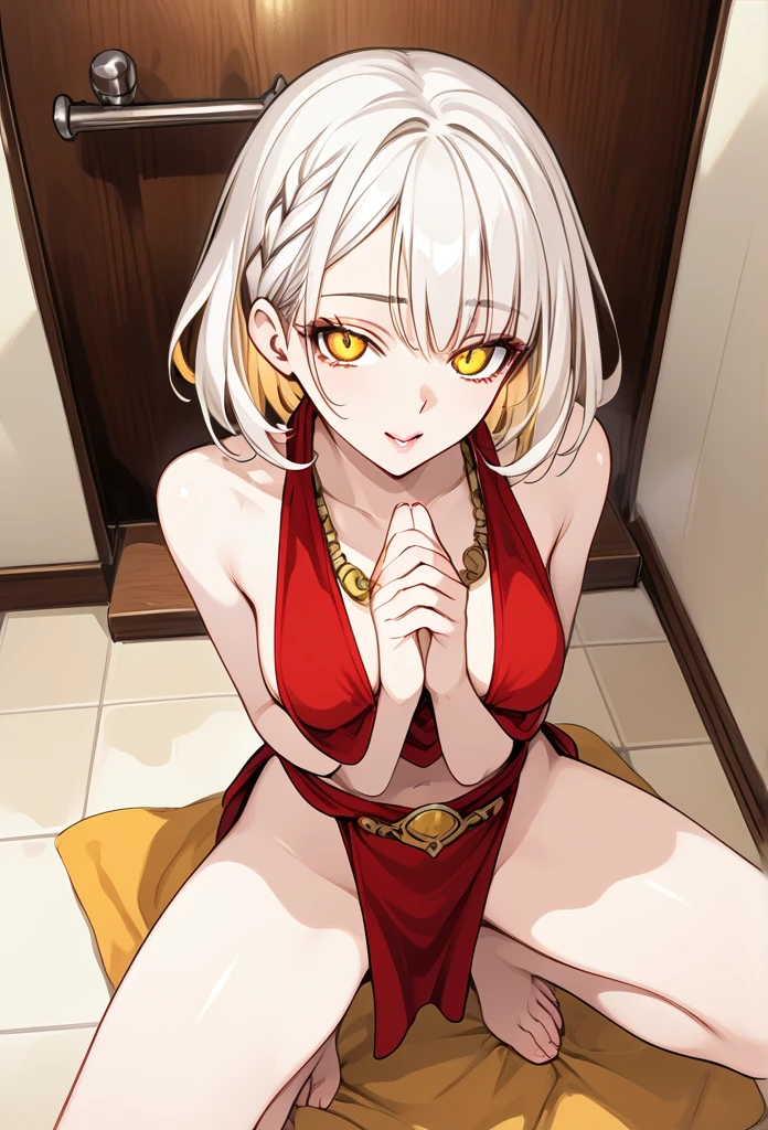 Mature woman, mature face, gentle face, glossy lips, golden eye color, golden eyes, gentle eyes, (braid hairstyle, bob hair, white hair, yellow gradient hair color, glossy hair), slender body, medium breast, thick thighs, saintess clothes, loincloth, bathroom, praying pose, crouching, spreading legs, ohogao face, view from above, , ohogao face, pervert face, front view
