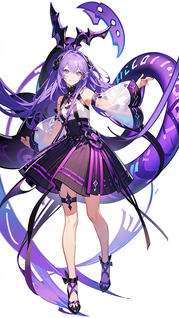 purple hair,girl,1 person,long hair,(body Harness),simple White background,smile,whole body,((full body)),standing position,Standing picture,vtuber,front,How to look at the viewer,Focus your gaze on the front,arm to the side