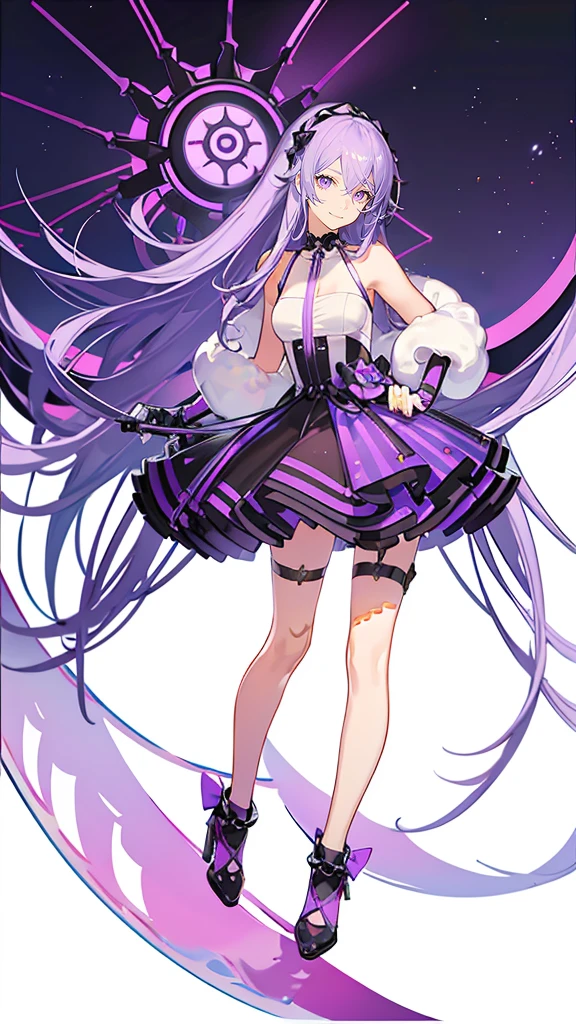 purple hair,girl,1 person,long hair,(body Harness),simple White background,smile,whole body,((full body)),standing position,Standing picture,vtuber,front,How to look at the viewer,Focus your gaze on the front,arm to the side