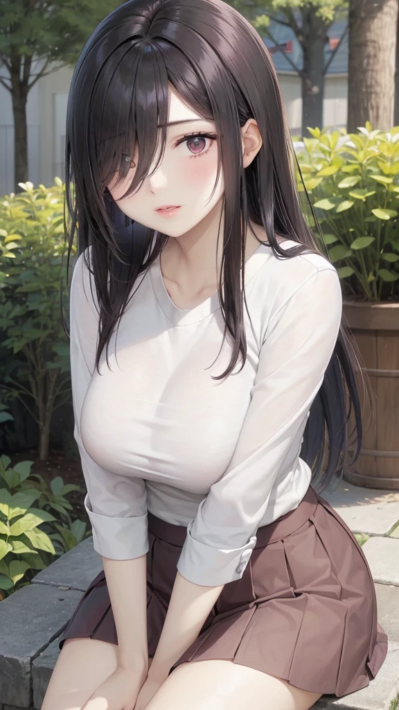 Cute mommy, mature women, realistic skin,perfect ,black hair, long hair, (hair over one eye:1.4), messy hair, hair between eyes, oversize shirt,pink mini skirt, chubby,plump,fat,pucker lips,cute shy blush on,garden, under tree,night 