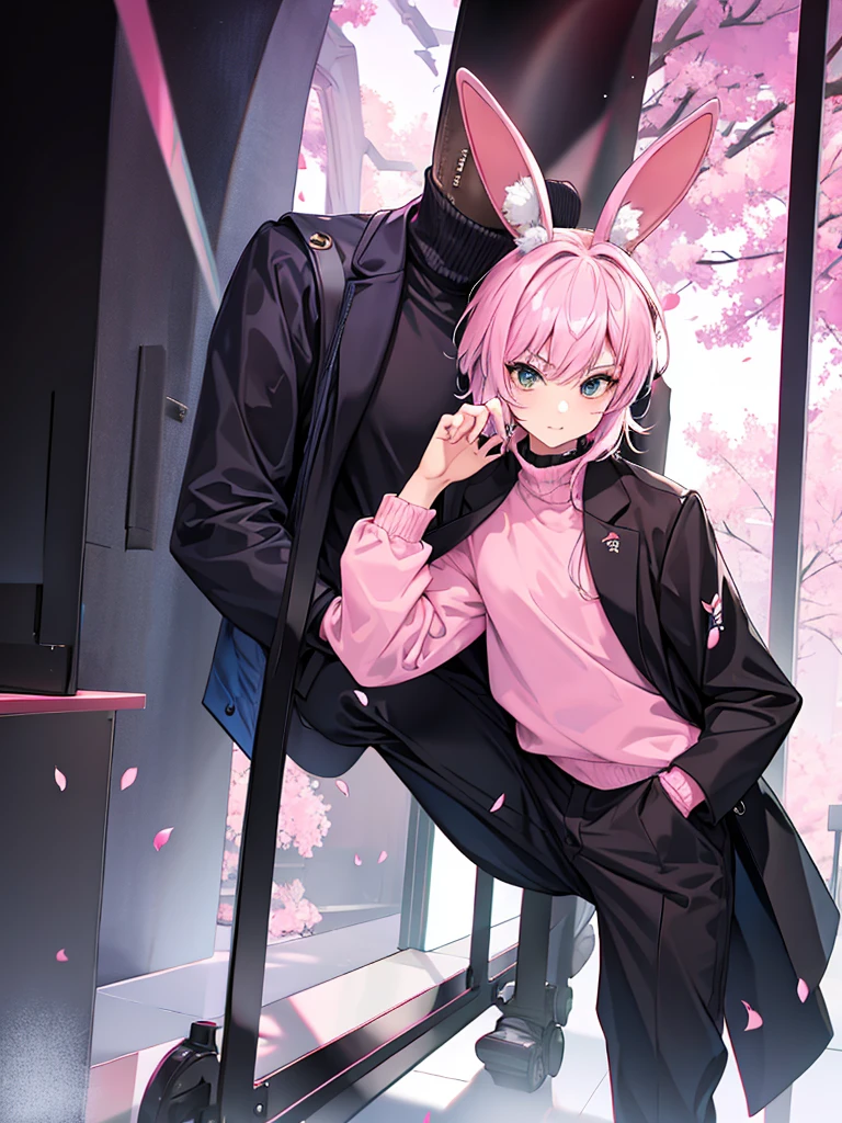 MAN with pink bunny ears with short hair black turtleneck and baggy black pants