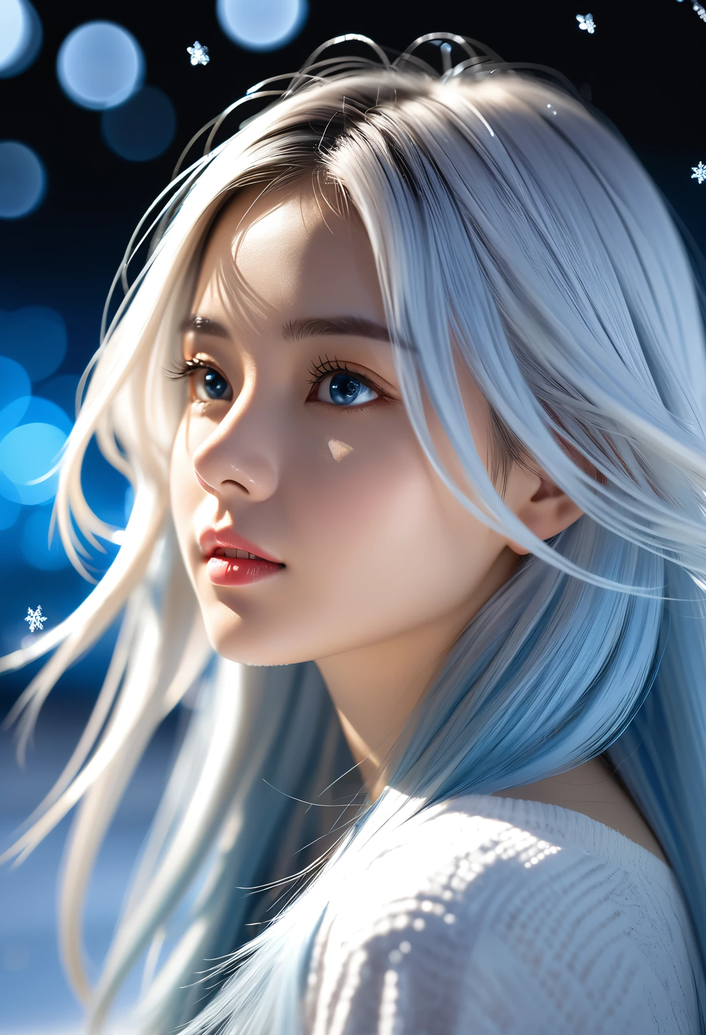 beautiful, young woman, in the crystal and ice area, fluttering snow, gradient hair, white hair, silver blue hair, long hair, eye reflection, disdain, ray tracing, reflection light, blurry, glowing light, shallow depth of field, chiaroscuro, stereogram, zoom layer, cowboy shot, bokeh, masterpiece, best quality, high quality, HD