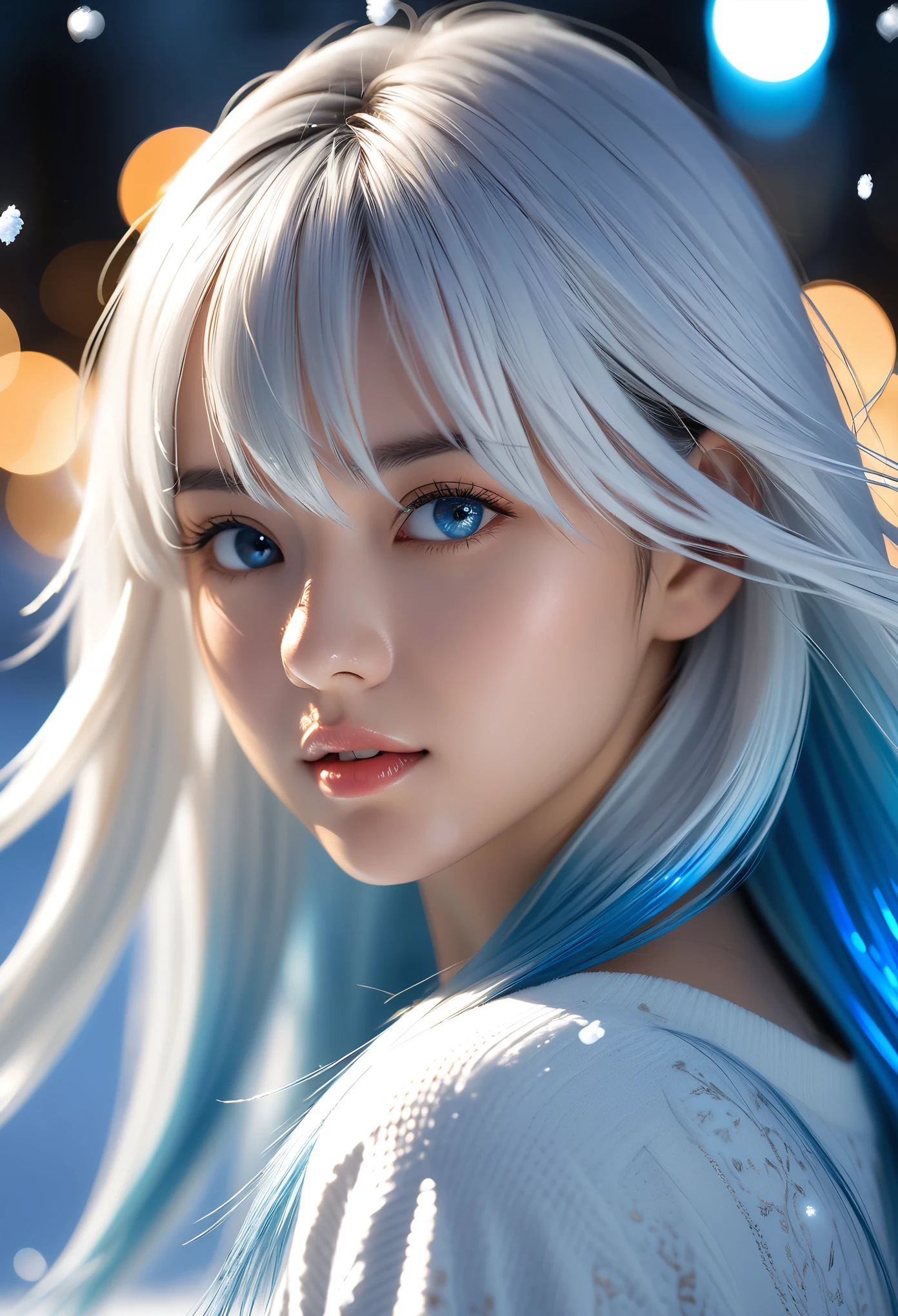 beautiful, young woman, in the crystal and ice area, fluttering snow, gradient hair, white hair, silver blue hair, long hair, eye reflection, disdain, ray tracing, reflection light, blurry, glowing light, shallow depth of field, chiaroscuro, stereogram, zoom layer, cowboy shot, bokeh, masterpiece, best quality, high quality, HD