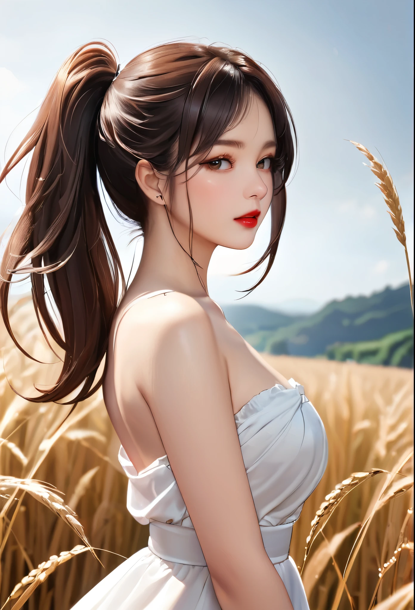 (masterpiece:1.4),, (best quality:1.4),, Ultra-high resolution,, 8K, CG,, (Very delicate and beautiful:1.2),, , Upper Body,, from the side,, View viewer,, , a girl,, alone,, robber girl,, Adult,, , Lovely, Sweet,, , in the wheat field,, Blurred background,, , long brown hair,, ponytail,, , Brown eyes,, mouth closed,, red lips,, , Face blown by the wind,, , White dress,, Medium chest,