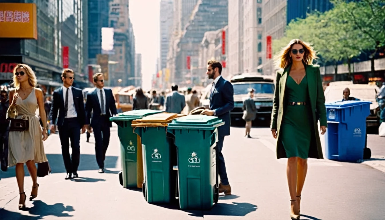 middle ground camera view of many kind of beautiful females walking on the street wearing very sexy short dresses and deep cleavaged futuristic fashion clothes,In the background (((there are big garbage mounds on the street and many full trash cans))). TThey are walking in a pedestrian street in a megacity at morning time. Males are wearing suits or t-shirt with blue jeans. the people have photorealistic faces and bodies, different detailed facial features, perfect eyes and mouthes and skins with real human hands and hair blown in the wind, rule of thirds.Different styled high tech futuristic buildings cover the side of the street, the natural light of the sun illuminates at daytime. Bustling megacity with many skyscrapers in the background, Natural lights, neutral colors, lomochrome, vintage color tones, dramatic, dynamic composition.Lifelike textures, sharp focus, depth of field, cinematic lighting, Contrast lighting, volumetric lighting, best shadows,sharp focus, depth of field, movie styled, crystall clear, photorealism, Realism, Cinematic, Photoreal, 35mm film, best quality , hdr, uhd, 8k, 35 mm film, analog camera shot.