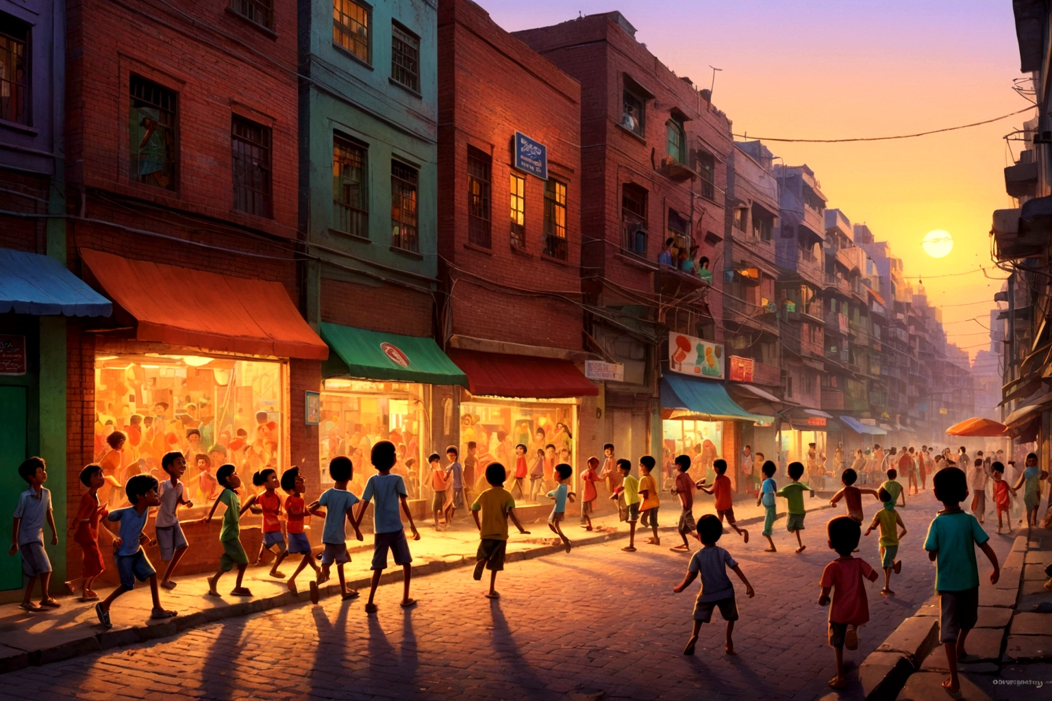 A bustling Dhaka street at dusk, the golden sun slowly sinking in the distance, casting a warm glow over the lively scene. In Pixar style, every detail is vibrant and animated, with colorful characters filling the street. The main subject is a group of children playing cricket, their laughter and shouts filling the air. The image, likely a digital painting, is incredibly detailed, with each brick of the buildings and every piece of clothing on the children expertly rendered. The scene is filled with energy and life, capturing the essence of a vibrant city at twilight in a playful and whimsical way.