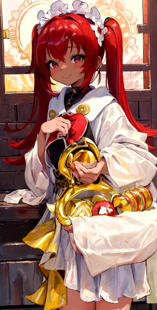 ((masterpiece)), ((best quality)), (ultra-detailed), ((extremely detailed)), 4K, (8K), black skin、bionde、parted bangs 𝐬𝐡𝐨𝐫𝐭𝐜𝐮𝐭、Hot highest quality, Masterpiece、Virtual Youtuber, Kindergarteners、1girl, Light blue shortcut、Red tiny twin tails、Left eye red gold、Right Eye Gold、smile、red inner hair