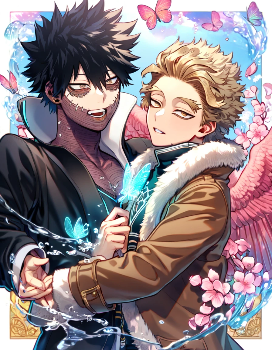 absurdres, highres, ultra detailed, HDR, master piece, best quality, extremely detailed face, delicated features, Hawks, ash blond hair, closed eyes, Boku No Hero Academia, Dabi, black hair, closed eyes, two sexy men kissing, yaoi, gay couple, handsome, brown jacket with fur, black tight shirt, black coat, fantasy, radiant, starry, blue fire, blossoms, pink flowers