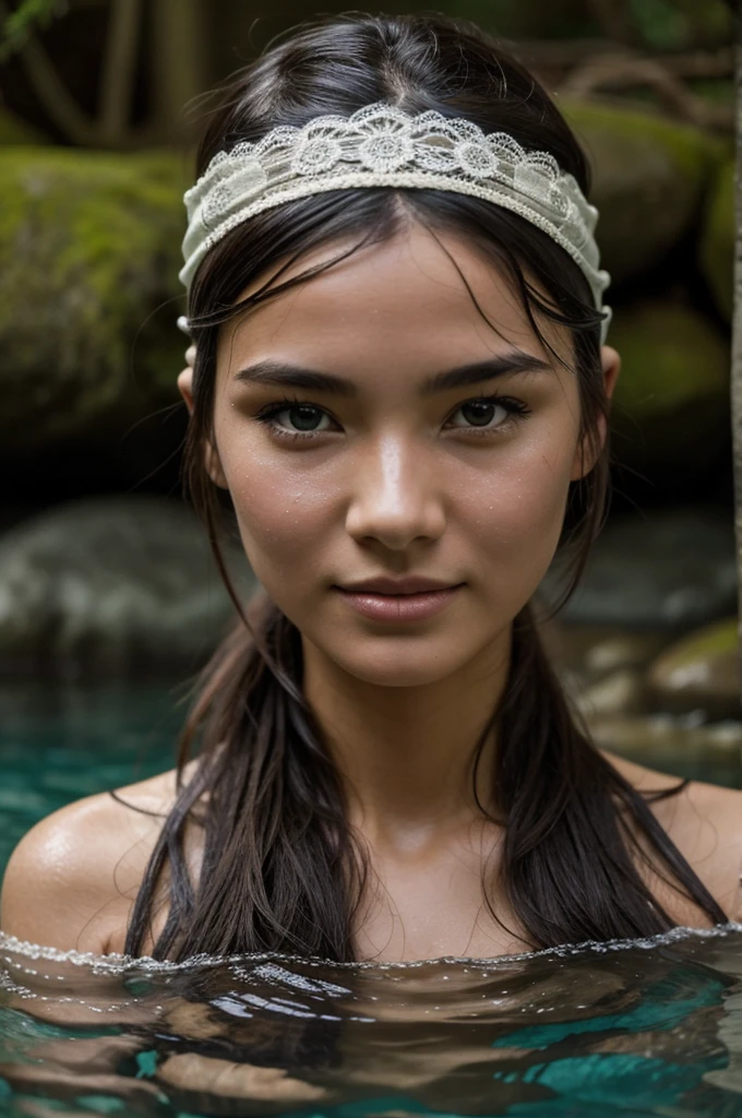 Best Quality, Masterpiece, super high resolution, A super model submerged in hot springs in Japan., outdoor hot springs, stone hot springs, surrounded by moss and trees, super beautiful face, pure body, clear pores visible, (SMILE:0.8), using division (lace headband:1.2), (realism:1.5), Photo original, soaked body, covered in sweat, bare shoulders, in the dark, deep shadows, low-key, cold light