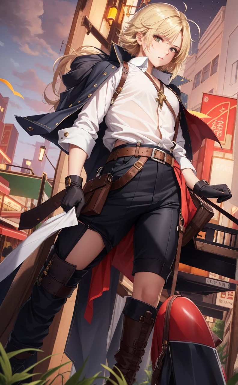 masterpiece, best quality, suspenders, belt, gloves, bracer, upper body, serious expression, looking at viewer, facing forward, city street, night, arms to side,cor de pele morena, cabelos brancos, olhos laranja , calça preta, bota cano alto