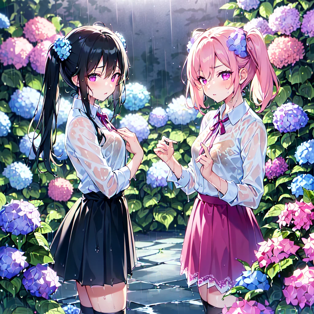 MASTERPIECE, best quality, high quality, extremely detailed, very delicate and beautiful, (2female 18 years old: 1.5), (long black hair, two-side up to waist: 1.4), fringes to eyebrows, eyes. (eyes sharp, strong glossy glossy eyes, eyebrows glossy, (eye colour magenta: 1.3), 6.5 head tall, (wet shirt: 1.3), skirt, knee socks, lace, (melancholy expression), (standing), (hands folded), (dynamic pose), (background hydrangea garden: 1.3), (rainy night: 1.3), (upper body:1.3),