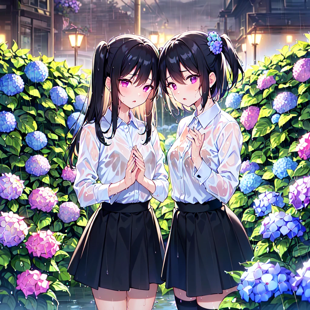 MASTERPIECE, best quality, high quality, extremely detailed, very delicate and beautiful, (2female 18 years old: 1.5), (long black hair, two-side up to waist: 1.4), fringes to eyebrows, eyes. (eyes sharp, strong glossy glossy eyes, eyebrows glossy, (eye colour magenta: 1.3), 6.5 head tall, (wet shirt: 1.3), skirt, knee socks, lace, (melancholy expression), (standing), (hands folded), (dynamic pose), (background hydrangea garden: 1.3), (rainy night: 1.3), (upper body:1.3),