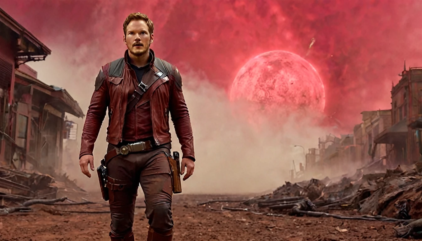 highlighting Chris Pratt's moment as star lord, walking along with Indiana Jones, alien planet, red fog in the background, science fiction atmosphere, modern style, hyperrealistic, cinematic, cinematography, dark lighting, very detailed, very focused, poster style IMAX film, realistic, medium close-up, dynamic shot, --chaos 10 --ar 6:5 --raw style --stylize 600