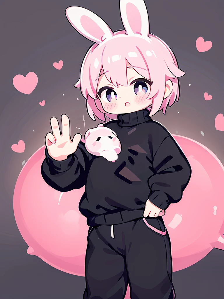 MAN with pink bunny ears with short hair black turtleneck and baggy black pants 