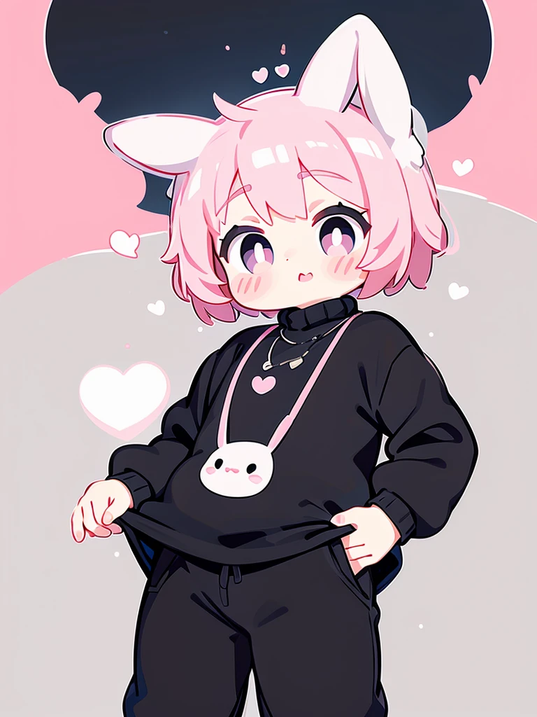 MAN with pink bunny ears with short hair black turtleneck and baggy black pants 