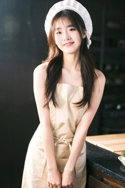 ((best quality)), ((masterpiece)), (detailed), 1girl, beautiful straight black long hair , beautiful smile ,sexy pose , standing position , naked apron , chef hat , cooking , kitchen background 
