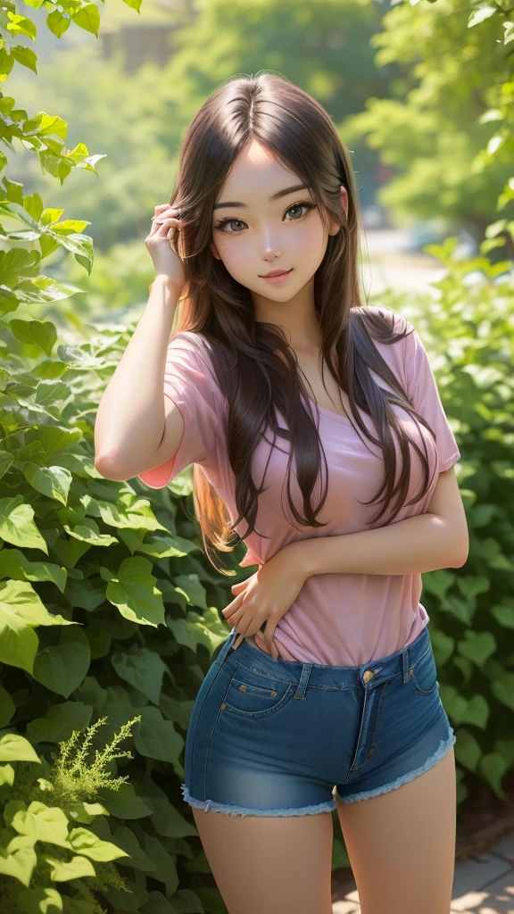 Arafed woman in a pink shirt and denim shorts poses for a photo, Beautiful young girl model, beautiful model girl, with long hair, realisti, attractive anime girl, beautiful seductive anime , ( ( ( skinny jeans shorts ) ) )