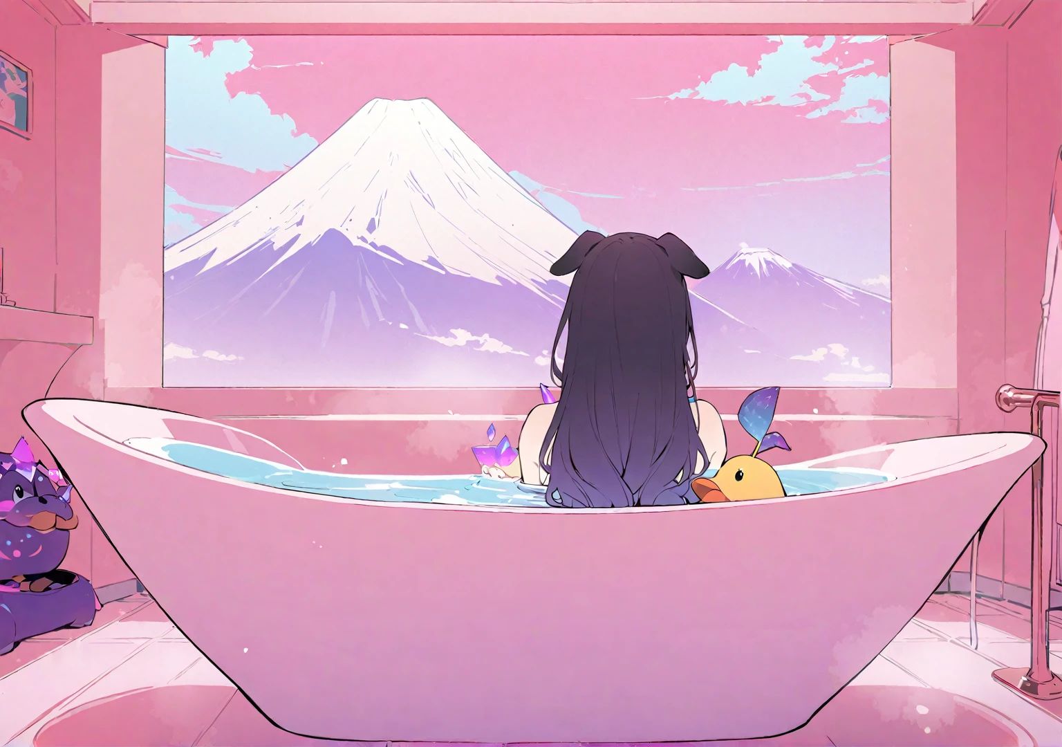 koseki-bijou/(Hololive/),(Flat Color:1.1), (colorful:1.3), (masterpiece:1.2), Highest quality, masterpiece, original, Highly detailed wallpaper, View your audience, One Girl, Cat ear、Black Hair、Shortcuts、、alone, Enter the bathhouse、Soak in a spacious bathtub、Mount Fuji painting、Duck toys、Dachshund Dog、front