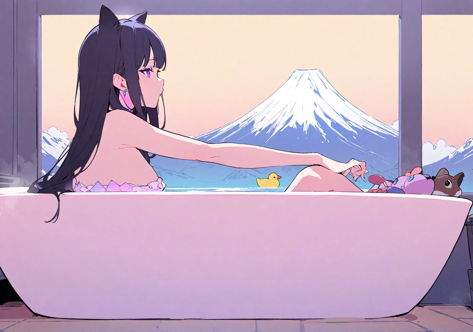 koseki-bijou/(Hololive/),(Flat Color:1.1), (colorful:1.3), (masterpiece:1.2), Highest quality, masterpiece, original, Highly detailed wallpaper, View your audience, One Girl, Cat ear、Black Hair、Shortcuts、、alone, Enter the bathhouse、Soak in a spacious bathtub、Mount Fuji painting、Duck toys、Dachshund Dog、front