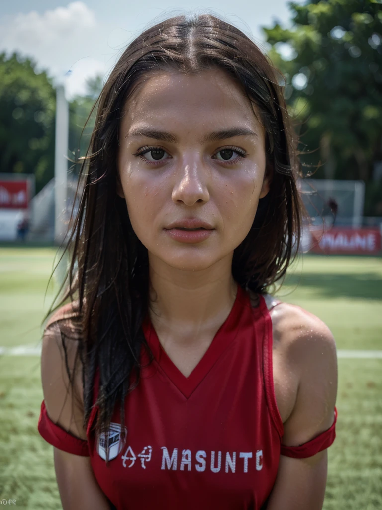 (8K, Raw photo, Best Quality, masutepiece:1.2), (Realistic, Photorealsitic:1.37),1 brunette girl,Beautiful Albanian,Powerful, (Solo),A detailed face, Dramatic Angle,
Red Albanian football/soccer Uniforms ,Sports, Look away,Sporty,Wet skin,Sweat,perfect breasts,perfect legs,soccer Venues,