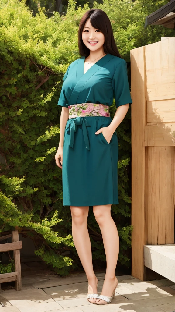 ((best quality)), ((masterpiece)), ((wear  shirt)), ((standing near garden)),  (detailed),"Generate an ultra-realistic, high-resolution headshot of a 40-year-old woman with a very short green skirt . with cleavage,((smiling)),((slim waist)),((((very cute japanese woman))))