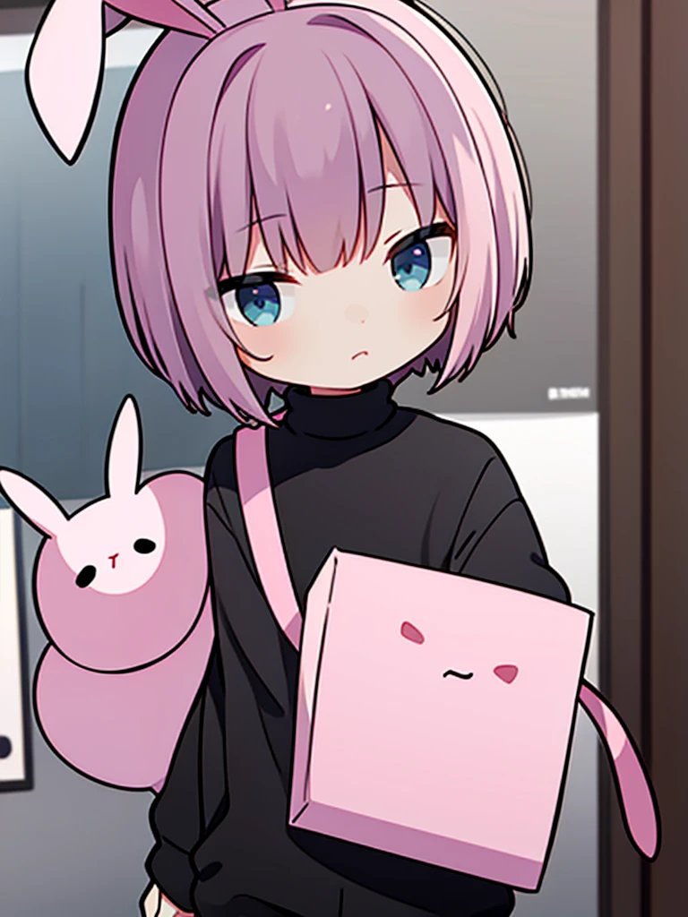 MAN with pink bunny ears with short hair black turtleneck and baggy black pants