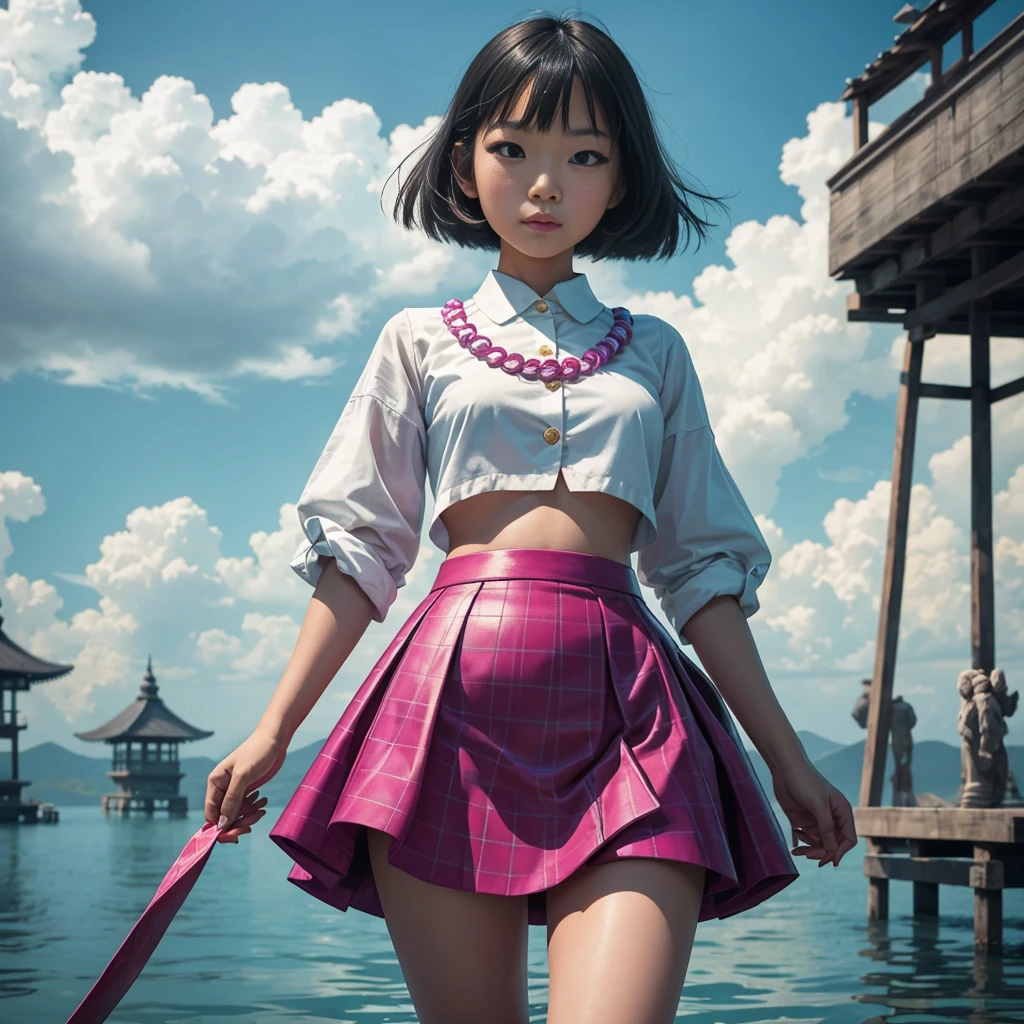 A captivating surreal photorealistic image of a playful Asian girl, captured at hip level. She is dressed in a stylish Chanel outfit, wearing a mini-skirt made of colorful squares. The Ilfochrome photography technique adds a dreamy and vibrant quality to the scene. The girl's carefree attitude and the fashionable attire create an air of sophistication and whimsy, while the background's surreal elements further enhance the image's captivating appeal.