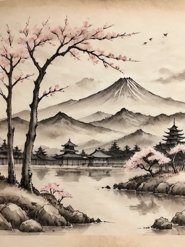 Japanese Ink Drawing on parchment, a japanese landscape with mountains in the background and cherry trees in the foreground, burnt edgesink illustration, inkwash, Japanese Ink Drawing