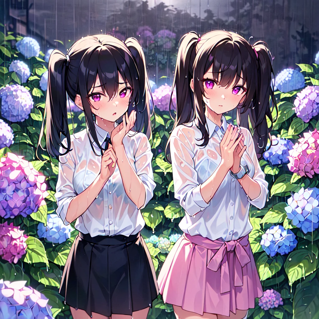 MASTERPIECE, best quality, high quality, extremely detailed, very delicate and beautiful, (2female 18 years old: 1.5), (long black hair, two-side up to waist: 1.4), fringes to eyebrows, eyes. (eyes sharp, strong glossy glossy eyes, eyebrows glossy, (eye colour magenta: 1.3), 6.5 head tall, (wet shirt: 1.3), skirt, knee socks, lace, (melancholy expression), (standing), (hands folded), (dynamic pose), (background hydrangea garden: 1.3), (rainy night: 1.3), (upper body:1.3),