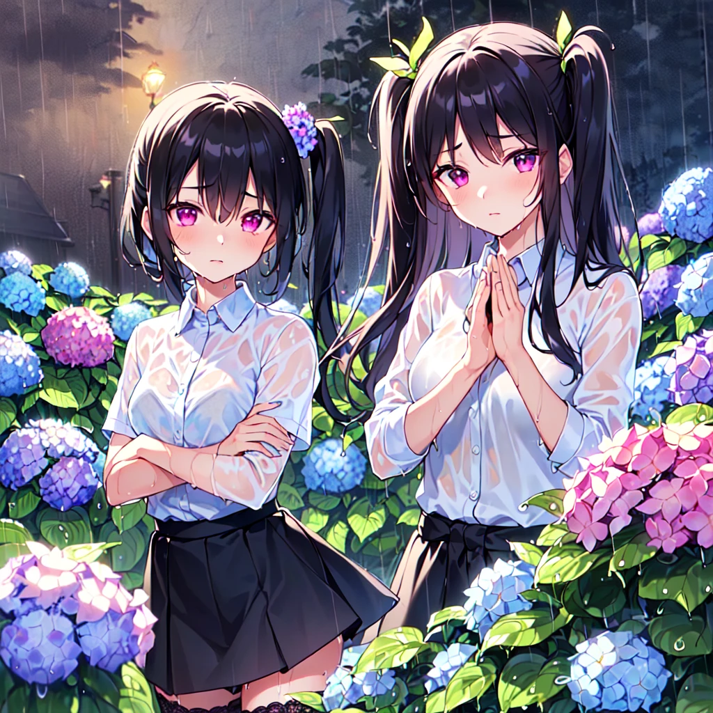 MASTERPIECE, best quality, high quality, extremely detailed, very delicate and beautiful, (2female 18 years old: 1.5), (long black hair, two-side up to waist: 1.4), fringes to eyebrows, eyes. (eyes sharp, strong glossy glossy eyes, eyebrows glossy, (eye colour magenta: 1.3), 6.5 head tall, (wet shirt: 1.3), skirt, knee socks, lace, (melancholy expression), (standing), (hands folded), (dynamic pose), (background hydrangea garden: 1.3), (rainy night: 1.3), (upper body:1.3),