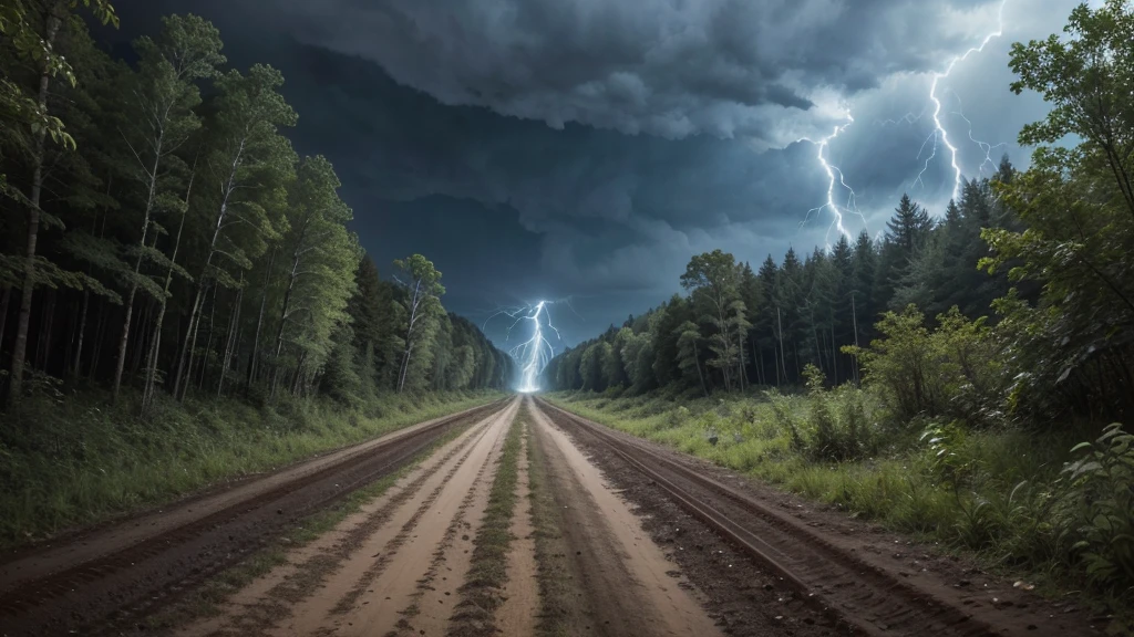 A dirt road in the middle of the forest, with lots of green foliage, and a sky with a hurricane full of lightning, destroying everything, trees, leaves flying (weather) and super details with great resolution