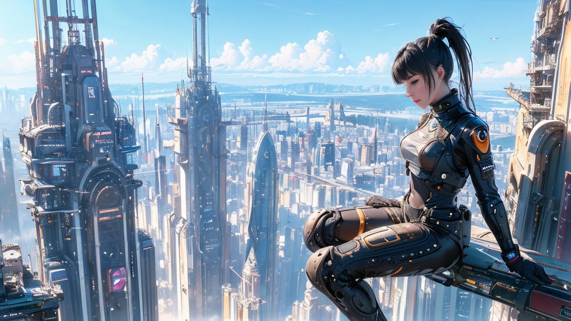 (ultra-detailed, masterpiece:1.2), extremely detailed artwork, best quality, high-resolution, hyper-realistic:1.37, attractive girl, breathtaking leap, background cityscape