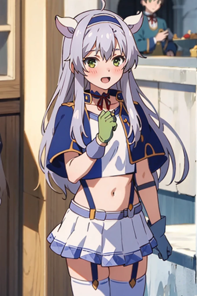 best quality, (masterpiece:1.2), detailed, medieval,
Sistine Fibel,
1girl, solo, open mouth, light smile, blush,
long hair, grey hair, green eyes, blue hairband, animal ears,
, suspenders, blue capelet, white shirt, blue choker, red ribbon, miniskirt, white skirt, navel, gloves, blue thighhighs,
standing, from angle, looking at the viewer,
outdoors, castle