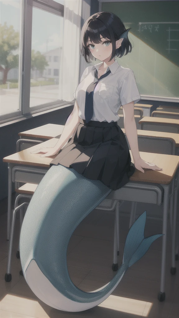 1girl,20s,adult,madure female, white shirt,short sleeves,black standard tie,black school skirt, full body, classroom,mermaid, fins,