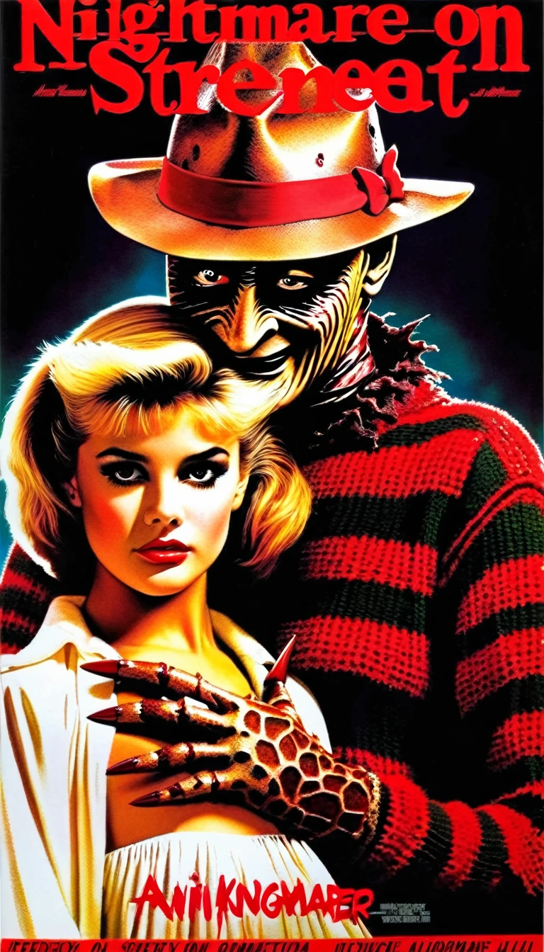 crea una locandina vintage anni 80 di "A nightmare on elm street" con Freddy Krueger al centro attorniato da una suora COMPLETAMENTE vestita di bianco e una ragazza bionda vestita molto anni 80