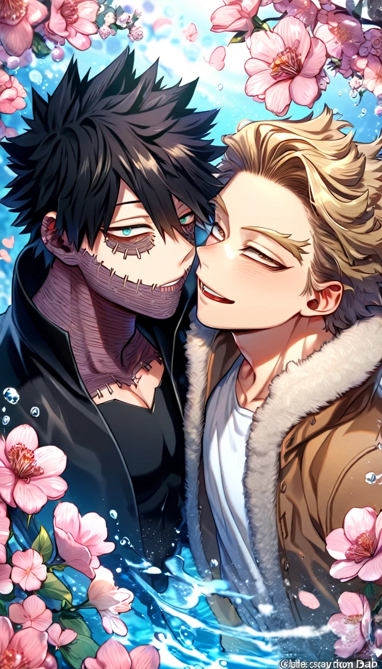 absurdres, highres, ultra detailed, HDR, master piece, best quality, extremely detailed face, delicated features, Hawks, ash blond hair, expressive brown eyes, Boku No Hero Academia, Dabi, black hair, expressive turquoise eyes, two sexy men together, yaoi, gay couple, handsome, brown jacket with fur, black tight shirt, black coat, water, blossoms, pink flowers, pink butterflies, fantasy, magic, radiant