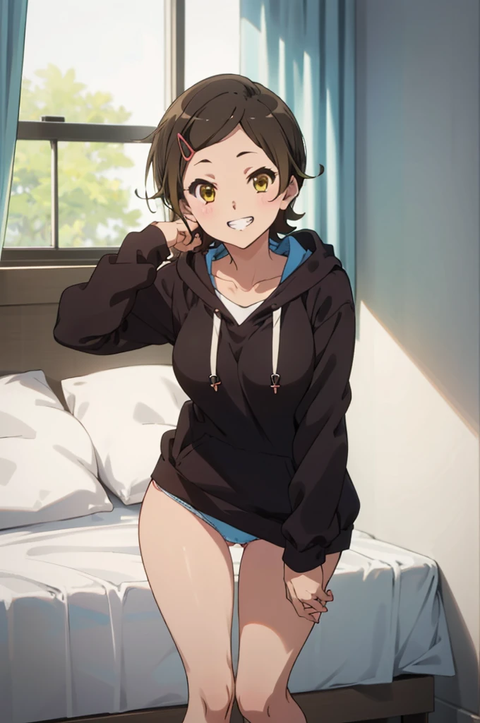 solo, 1girl, , hazuki katou,.my room, , ,socks,looking viewer ,grin,,medium breasts,thigh,hoodie,bare legs,panties