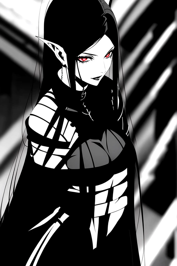 a woman with long black hair and a black top with a black collar, androgynous vampire, neogothic, vampire fashion, beautifui vampire queen, by Yang J, vampire girl, dark vampire, 1 7 year old anime gothic girl, with glowing red eyes, beautifui vampire female queen, Vampire Queen, i vampire, vampire portrait, gothic aesthetic, villain