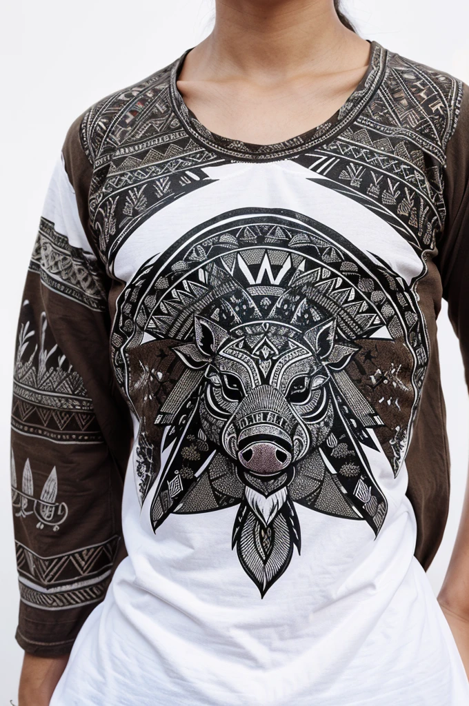Tribal Spirit animals, A t-shirt design inspired by tribal art and folklore, featuring intricately detailed spirit animals such as pigs, Mountain and wild, white background, Tourism symbol, adventure, great outdoor, Pigs silhouette t-shirt design tribal art poster.