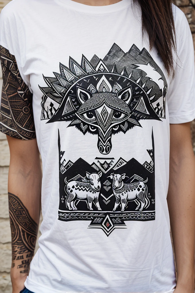 Tribal Spirit animals, A t-shirt design inspired by tribal art and folklore, featuring intricately detailed spirit animals such as pigs, Mountain and wild, white background, Tourism symbol, adventure, great outdoor, Pigs silhouette t-shirt design tribal art poster.