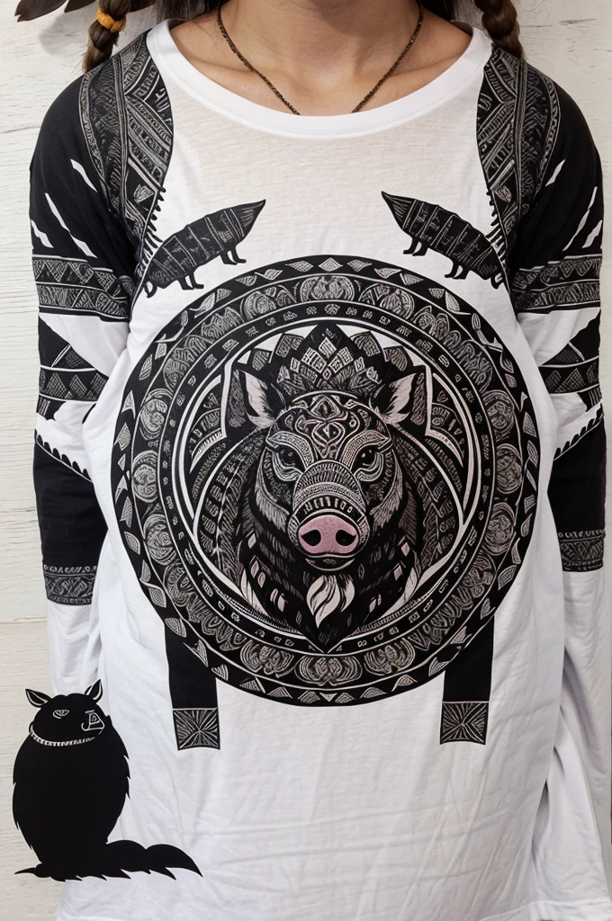 Tribal Spirit animals, A t-shirt design inspired by tribal art and folklore, featuring intricately detailed spirit animals such as pigs, Mountain and wild, white background, Tourism symbol, adventure, great outdoor, Pigs silhouette t-shirt design tribal art poster.