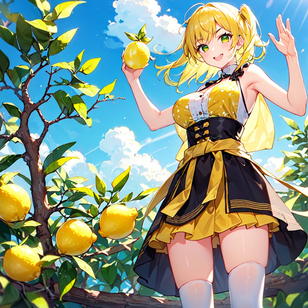 masterpiece, best quality, high quality, extremely detailed, very delicate and beautiful, (1 female 18 years old alone solo: 1.2), (lemon hair long and two side up to waist: 1.4), fringes to eyebrows, eyes (eyes sharp, strong, glossy, glossy eyebrows), (eye colour yellow-green:1.3), 6.5 head tall, (lemon section print summer fashion:1.3), skirt, knee socks, (smiling), (standing), (hands raised), (dynamic pose), (background lemon tree:1.3), (blue sky).