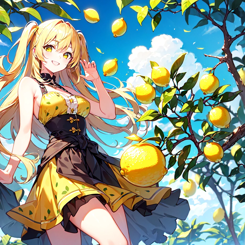 masterpiece, best quality, high quality, extremely detailed, very delicate and beautiful, (1 female 18 years old alone solo: 1.2), (lemon hair long and two side up to waist: 1.4), fringes to eyebrows, eyes (eyes sharp, strong, glossy, glossy eyebrows), (eye colour yellow-green:1.3), 6.5 head tall, (lemon section print summer fashion:1.3), skirt, knee socks, (smiling), (standing), (hands raised), (dynamic pose), (background lemon tree:1.3), (blue sky).