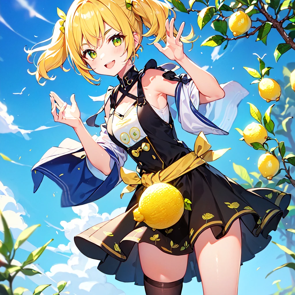masterpiece, best quality, high quality, extremely detailed, very delicate and beautiful, (1 female 18 years old alone solo: 1.2), (lemon hair long and two side up to waist: 1.4), fringes to eyebrows, eyes (eyes sharp, strong, glossy, glossy eyebrows), (eye colour yellow-green:1.3), 6.5 head tall, (lemon section print summer fashion:1.3), skirt, knee socks, (smiling), (standing), (hands raised), (dynamic pose), (background lemon tree:1.3), (blue sky).
