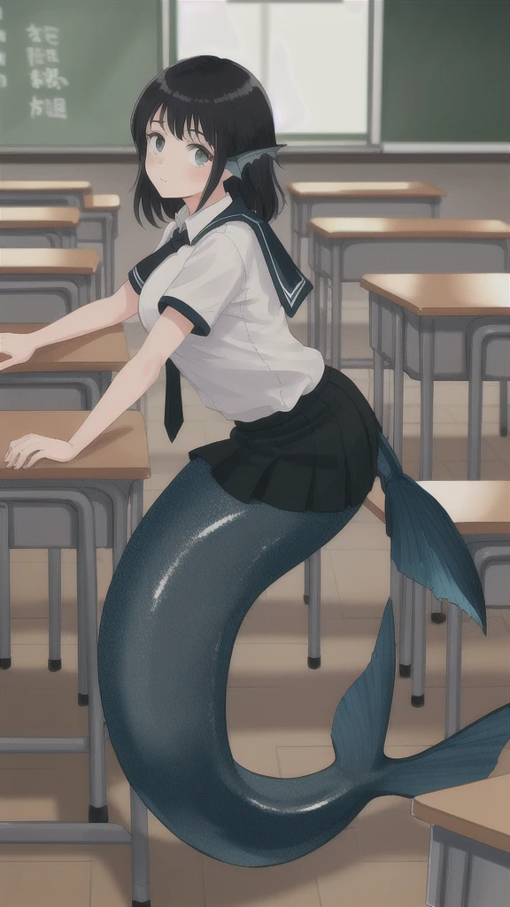 1girl,20s,adult,madure female, white shirt,short sleeves,black standard tie,black school skirt, full body, classroom,mermaid, fins,
