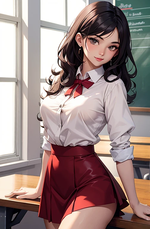 masterpiece, best quality, best lighting, shadows, perfect anatomy, 1 girl, adult anime girl, 21 years old, mature features, showing tits, bitchy face, pretty lips, pretty eyes, black wavy hair, black eyes, seductive eyes, blushing, flirty, pretty smile, tiny red skirt, white tight shirt, classroom background, ass, breast, thighs, seductive, spicy, hot, flirty, nsfw,