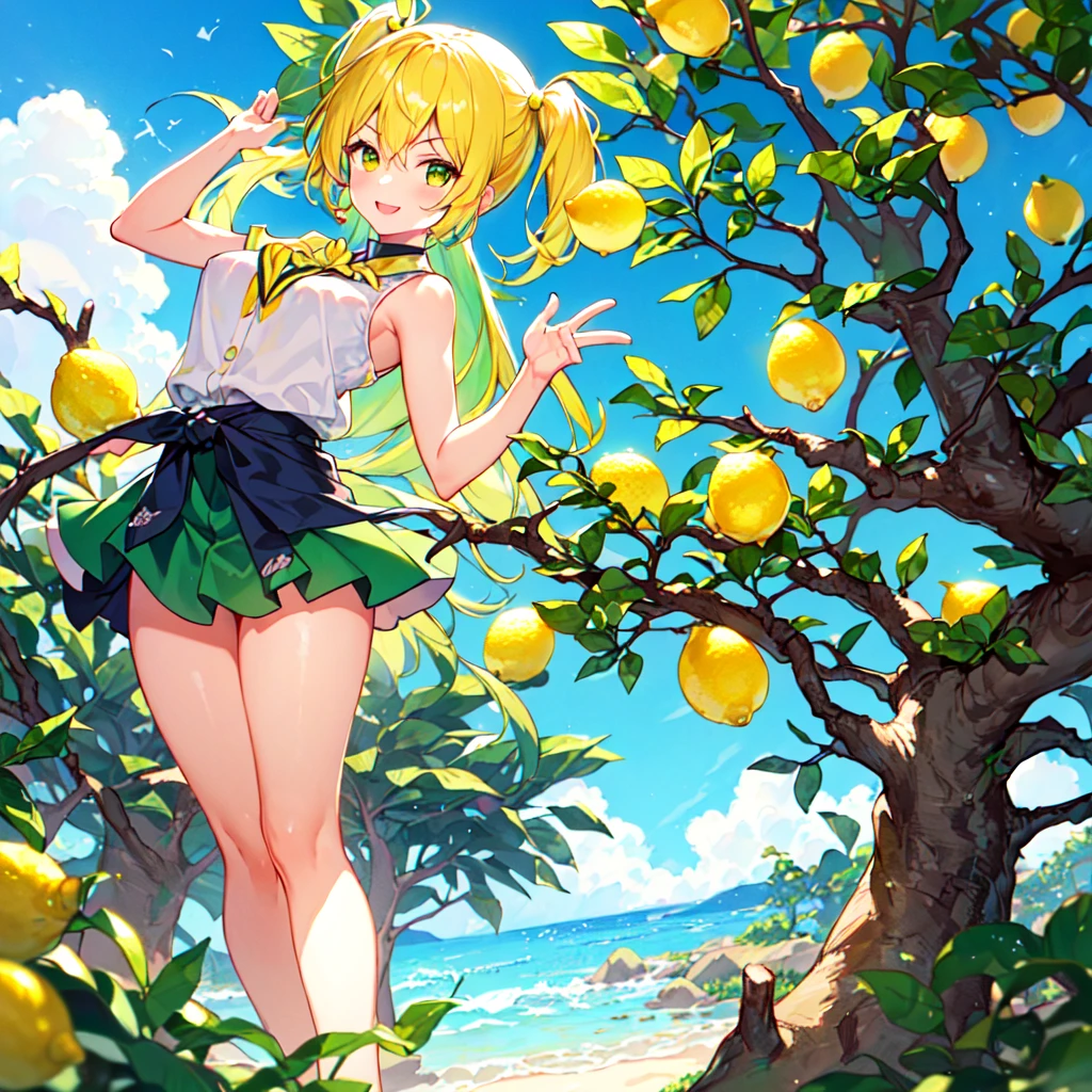 masterpiece, best quality, high quality, extremely detailed, very delicate and beautiful, (1 female 18 years old alone solo: 1.2), (lemon hair long and two side up to waist: 1.4), fringes to eyebrows, eyes (eyes sharp, strong, glossy, glossy eyebrows), (eye colour yellow-green:1.3), 6.5 head tall, (lemon section print summer fashion:1.3), skirt, knee socks, (smiling), (standing), (hands raised), (dynamic pose), (background lemon tree:1.3), (blue sky).
